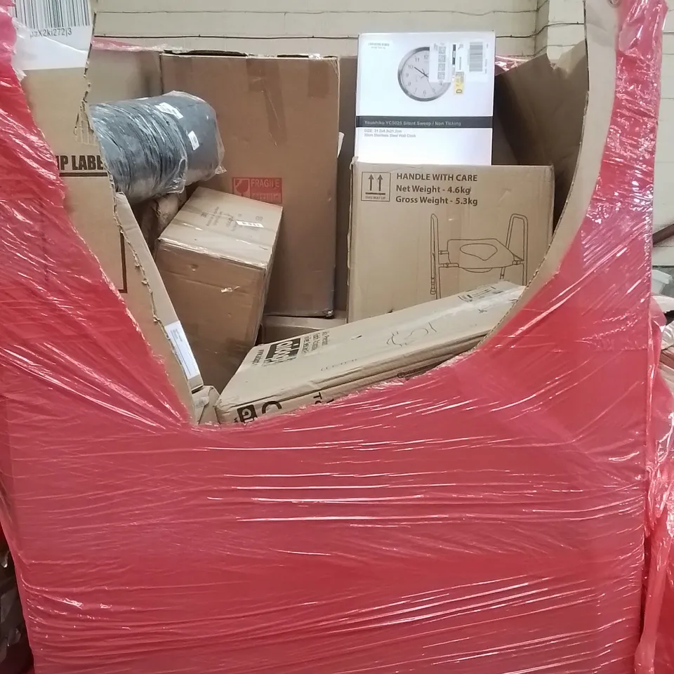 PALLET CONTAINING VARIOUS ASSORTED BOXED HOUSEHOLD ITEMS TO INCLUDE:  ADJUSTABLE TOILET SEAT WITH FRAMES WALL CLOCK UPRIGHT FLOOR LAMPAND LOTS MORE UNMARKED BOXED ITEMS 