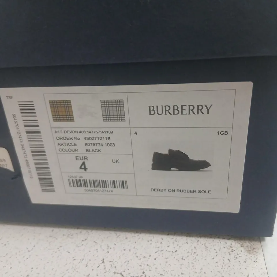 TRICKER'S X BURBERRY DERBY BROGUES – BLACK LEATHER, RUBBER SOLE, UK 4, BOXED