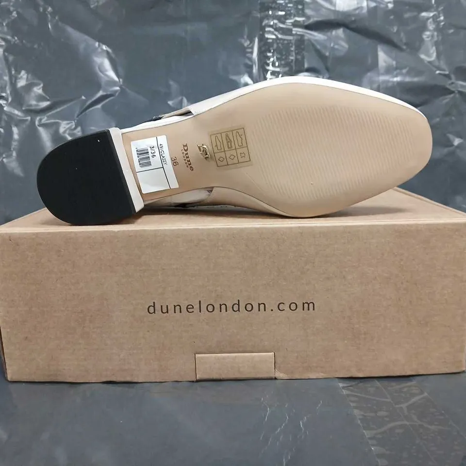 BOXED PAIR OF DUNE LONDON 491 CLASSY CLOSED TOE SLINGBACK BLOCK HEEL SHIES IN LEATHER SIZE 3