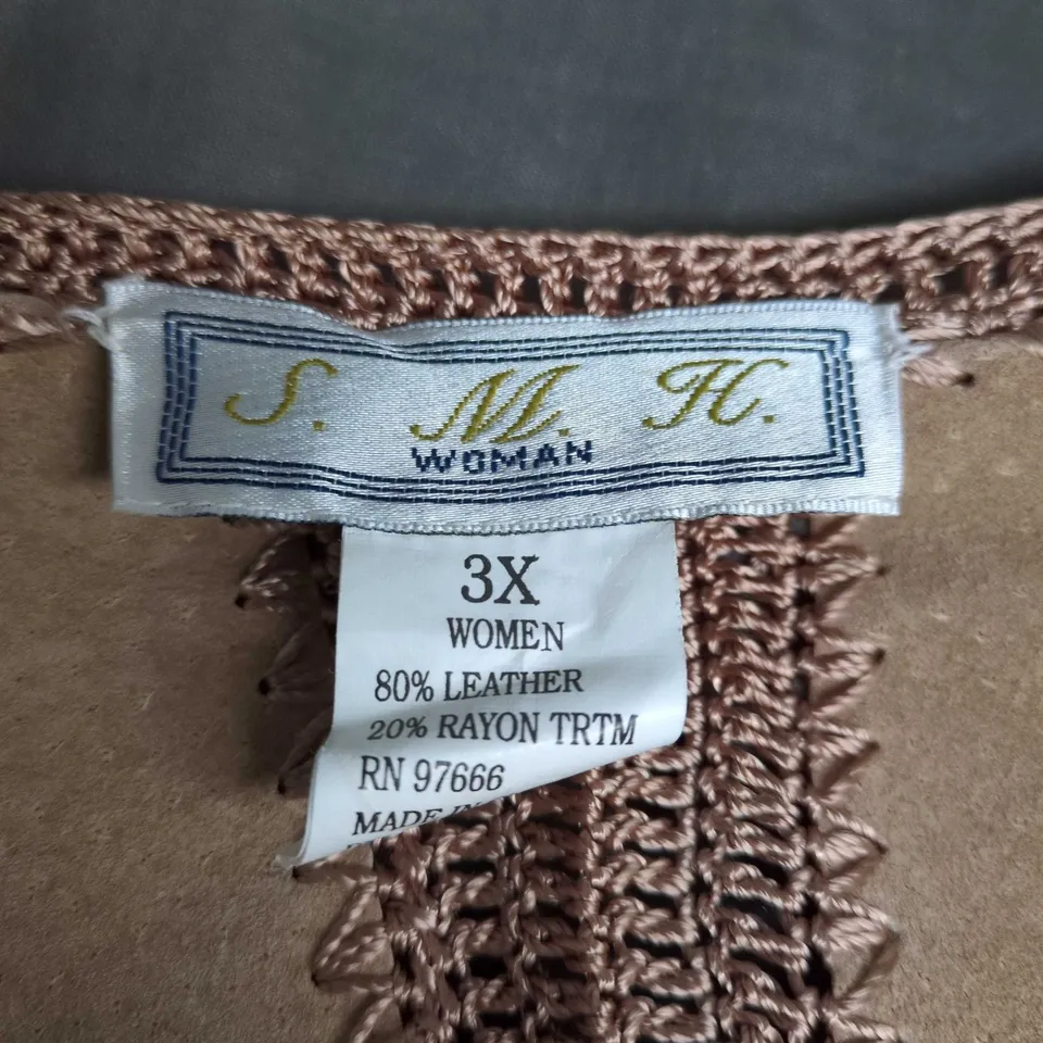  WOMEN'S LEATHER WITH RAYON TRIM CROCHET-TRIM WRAP CARDIGAN - SIZE 3X