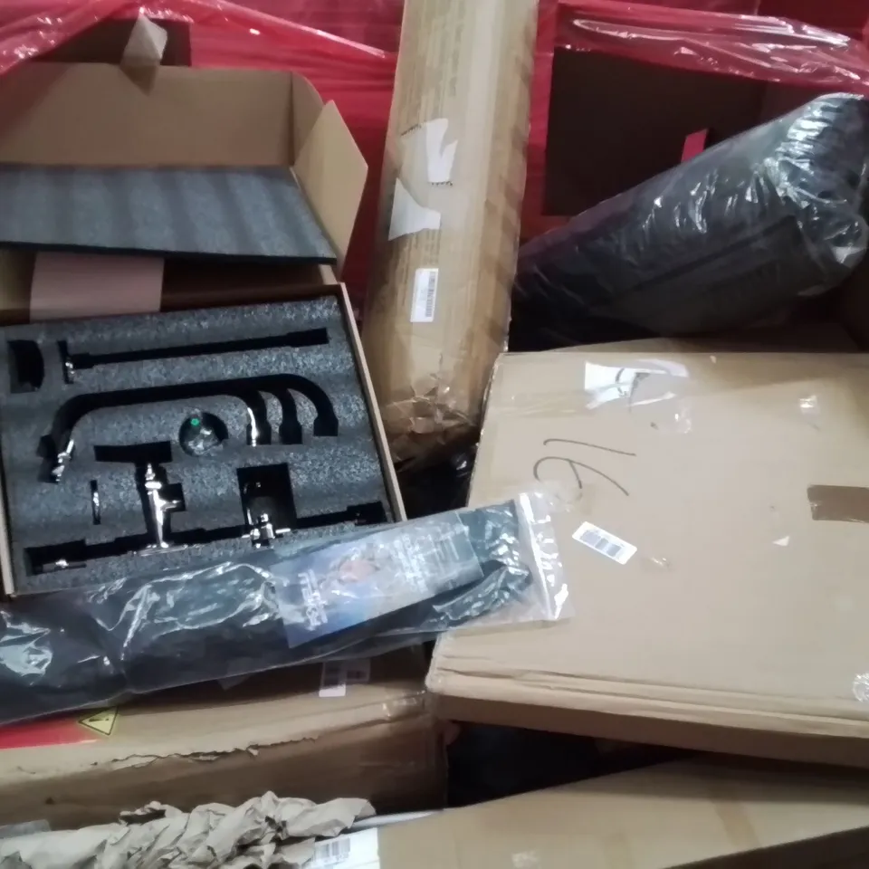 PALLET CONTAINING VARIOUS ASSORTED BOXED HOUSEHOLD ITEMS TO INCLUDE: CARBON FIBRE WALKING POLES, CAMPING EQUIPMENT,  KITCHEN FAUCET SET AND LOTS MORE UNMARKED BOXED ITEMS 