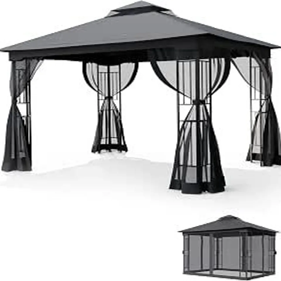 BOXED THE FELLIE 3M×4M GAZEBO WITH DOUBLE TIERED ROOF, DARK GREY