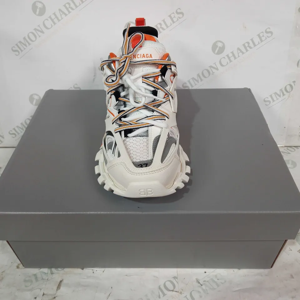 BOXED PAIR OF BALENCIAGA TRAINERS IN CREAM/ORANGE UK SIZE 4