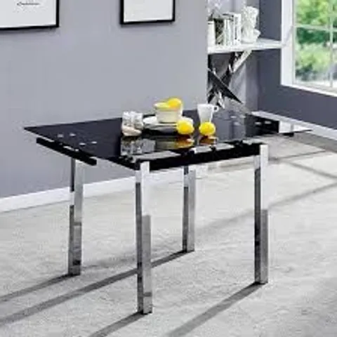 BRAND NEW BOXED PARIS EXTENDING BLACK GLASS DINING TABLE WITH CHROME LEGS (1 BOX)