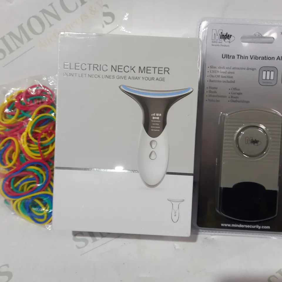 LOT OF APPROXIMATELY 10 ASSORTED HOUSEHOLD ITEMS TO INCLUDE ULTRA THIN VIBRATION ALARM, ELECTRIC NECK METER, MULTICOLOURED ELASTIC BANDS, ETC