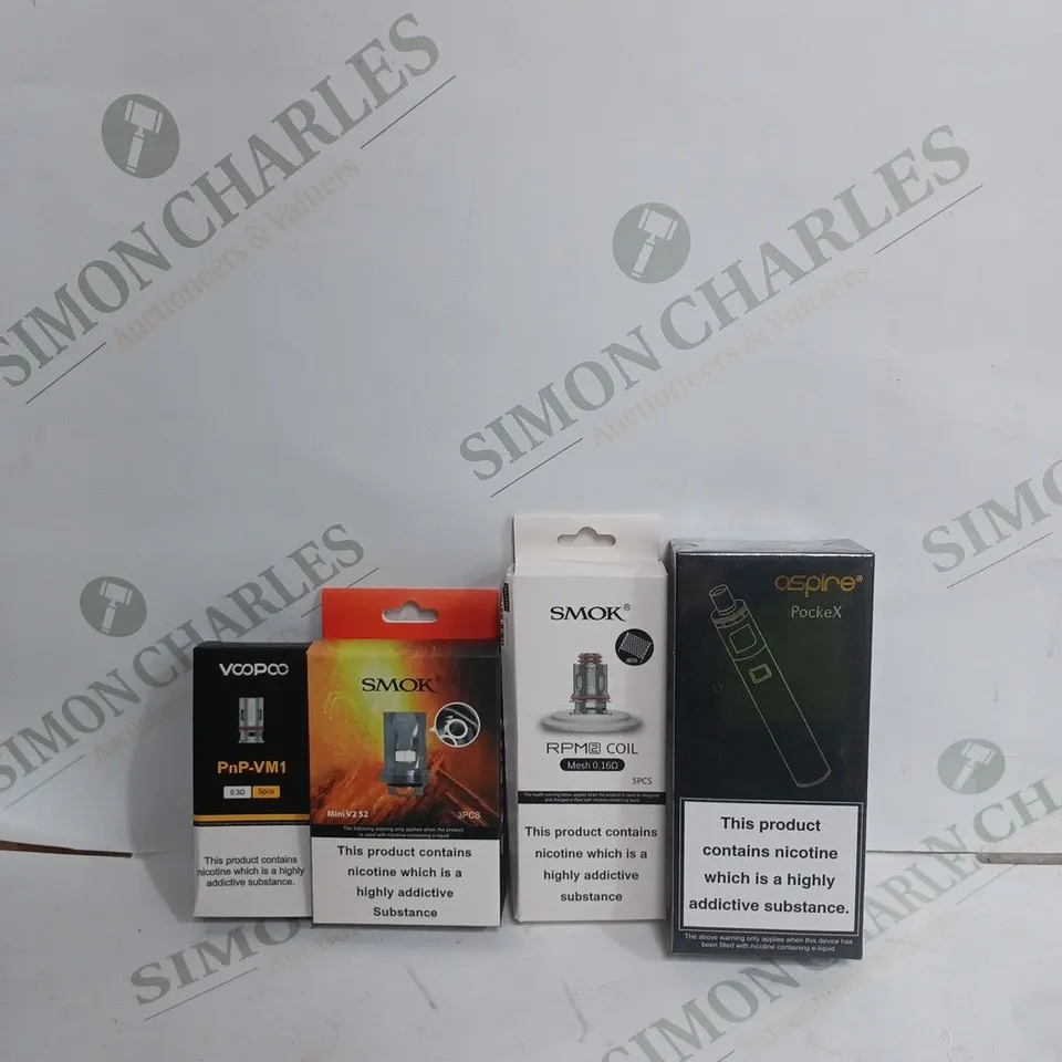 BOX OF APPROX 15 VAPE ACCESSORIES TO INCLUDE - ASPIRE POCKEX VAPE KIT - SMOK MINI V2 S2 - VOOPOO PNP-VM1 ECT