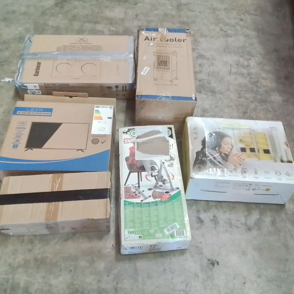 PALLET CONTAINING ASSORTED PRODUCTS INCLUDING: ELECTRIC COOKER, HEATED THROW, AIR COOLER, 19" LED TV, ELLIPTICAL MACHINE ECT