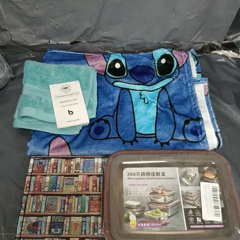 BOX OF APPROXIMATELY 15 HOUSEHOLD ITEMS TO INCLUDE - STITCH BLANKET - NOTEBOOK - FOOD STORAGE CONTAINERS
