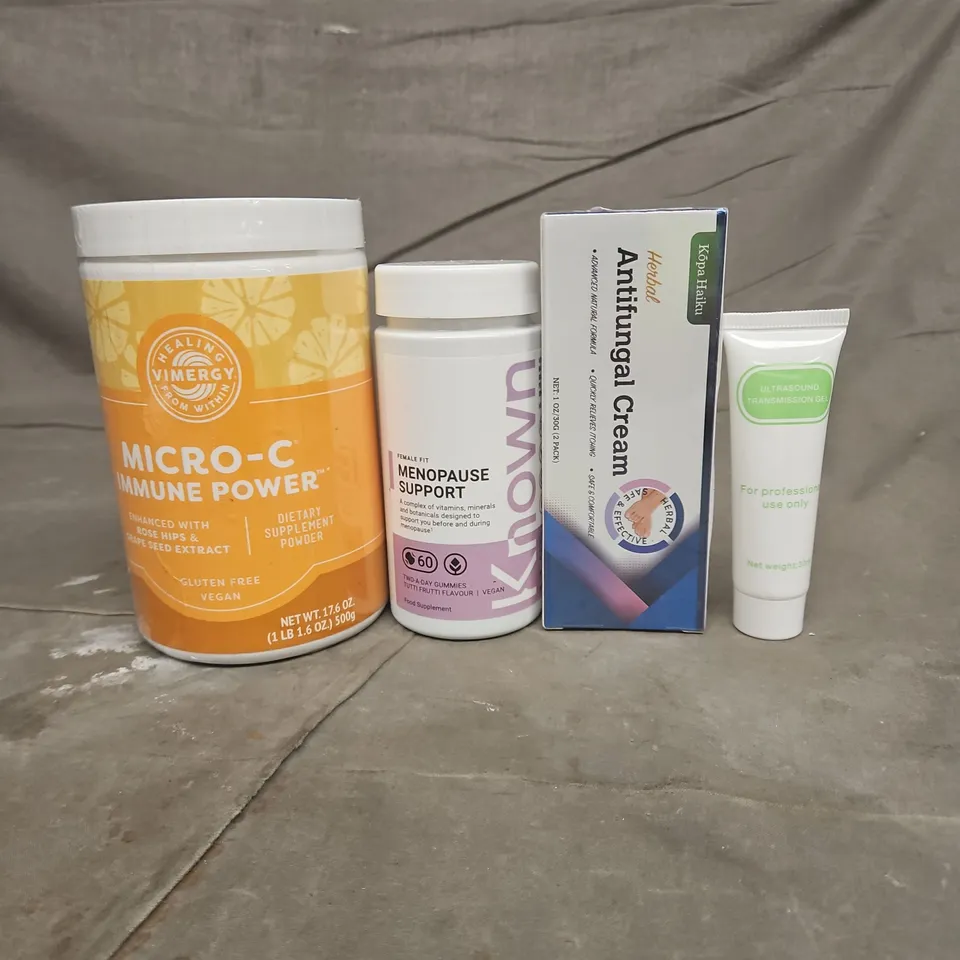 TOTE OF APPROXIMATELY 20 ASSORTED HEALTHCARE PRODUCTS TO INCLUDE MICRO-C IMMUNE POWDER - ANTI-FUNGAL CREAM AND MENOPAUSE SUPPORT SUPPLEMENTS