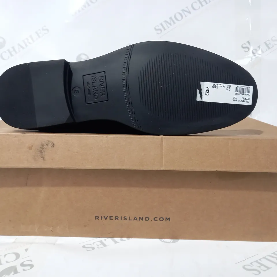 BOXED PAIR OF RIVER ISLAND TULLY LOAFERS IN BLACK UK SIZE 6