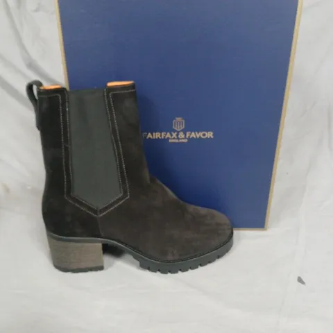 BOXED FAIRFAX & FAVOR WOMEN'S HEELED BOUDICA BOOTS IN BLACK SUEDE, UK 9