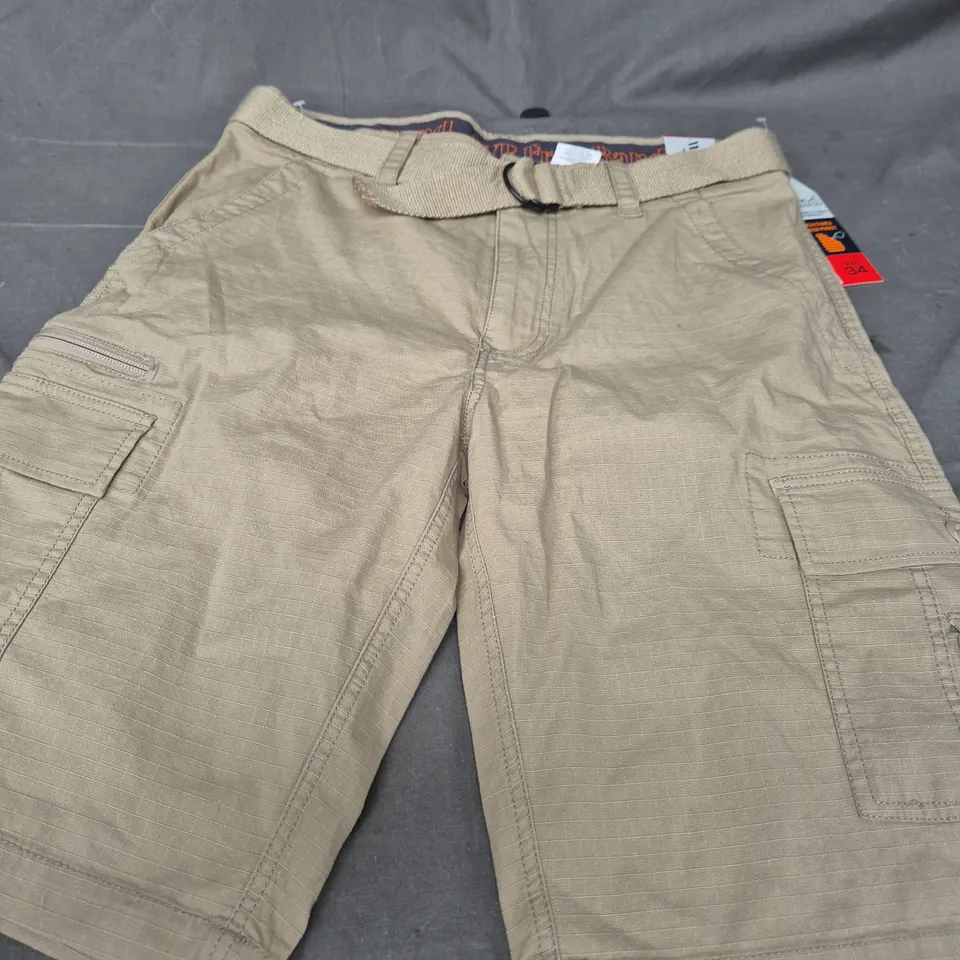 KHAKI CARGO SHORTS WITH BUILT-IN WAIST BELT, UK 34 (US 34)