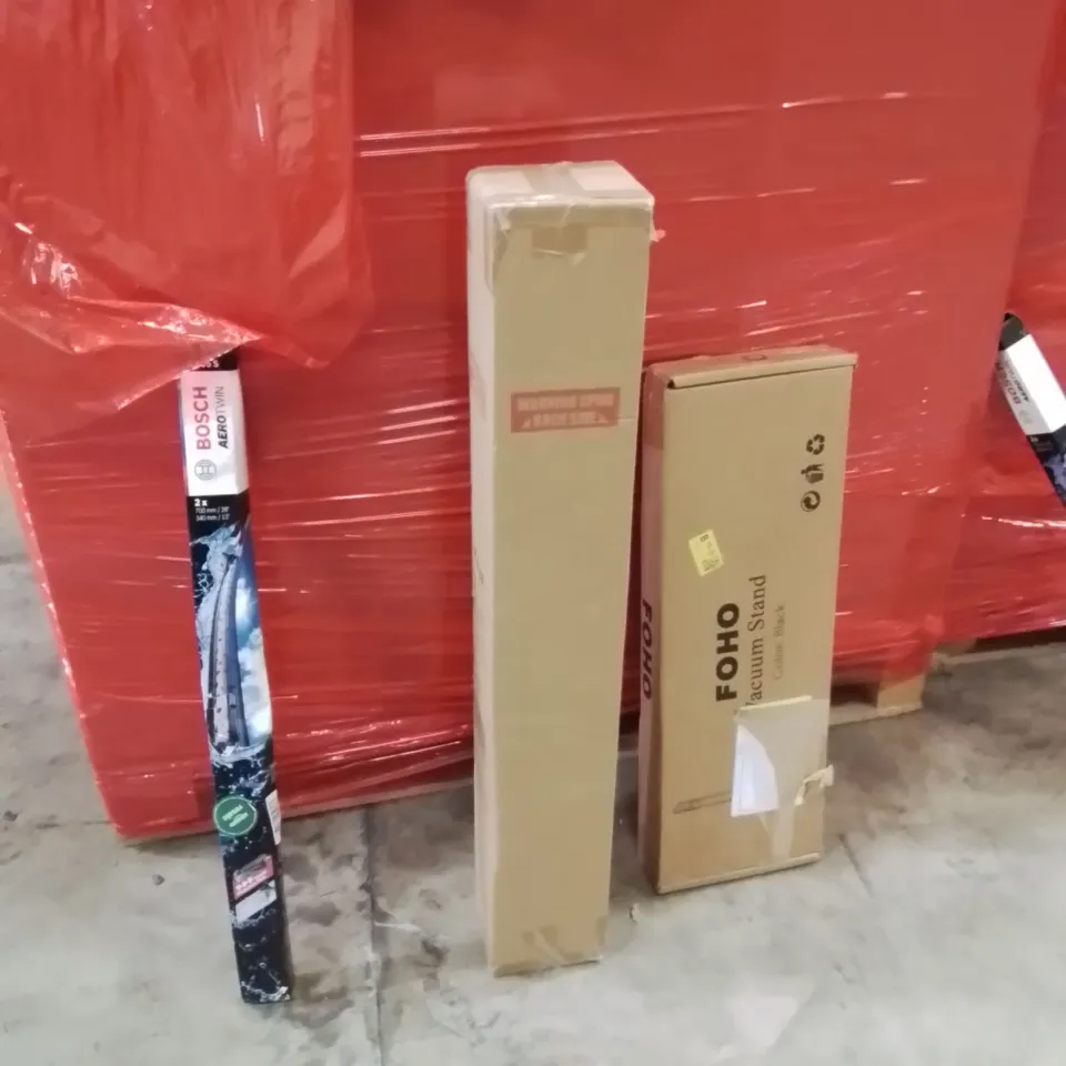 PALLET OF ASSORTED HOUSEHOLD GOODS AND PRODUCTS TO INCLUDE;BOSCH WIPERS,CHAIR MAT,VACUUM STAND