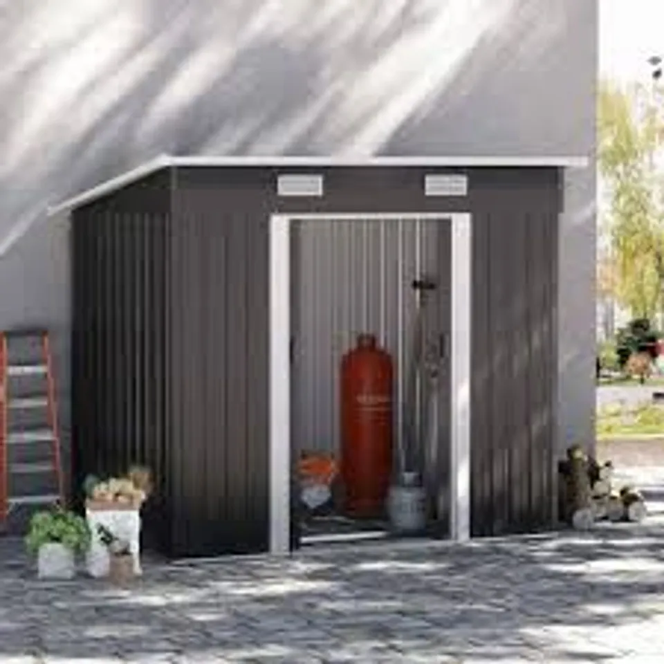 BOXED OUTSUNNY 7 X 4FT OUTDOOR STORAGE SHED WITH FOUNDATION KIT, LEAN TO METAL GARDEN SHED FOR LOG, RUBBISH BIN, TOOL, LAWNMOWER, BIKE, PATIO AND LAWN USE, BLACK (2 BOXES)