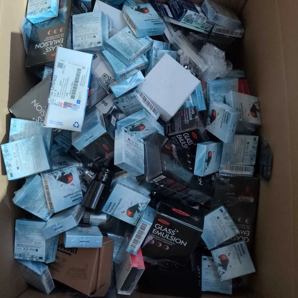 LARGE BOX OF ASSORTED ITEMS TO INCLUDE - GLASS EMULATION - RAYHONG SNOW REMOVAL DEVICE - SOCKET PARTS
