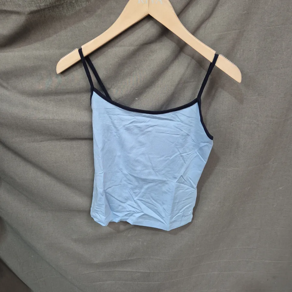 BERSHKA LIGHT BLUE CAMISOLE TOP WITH NAVY TRIM – WOMEN'S SIZE M