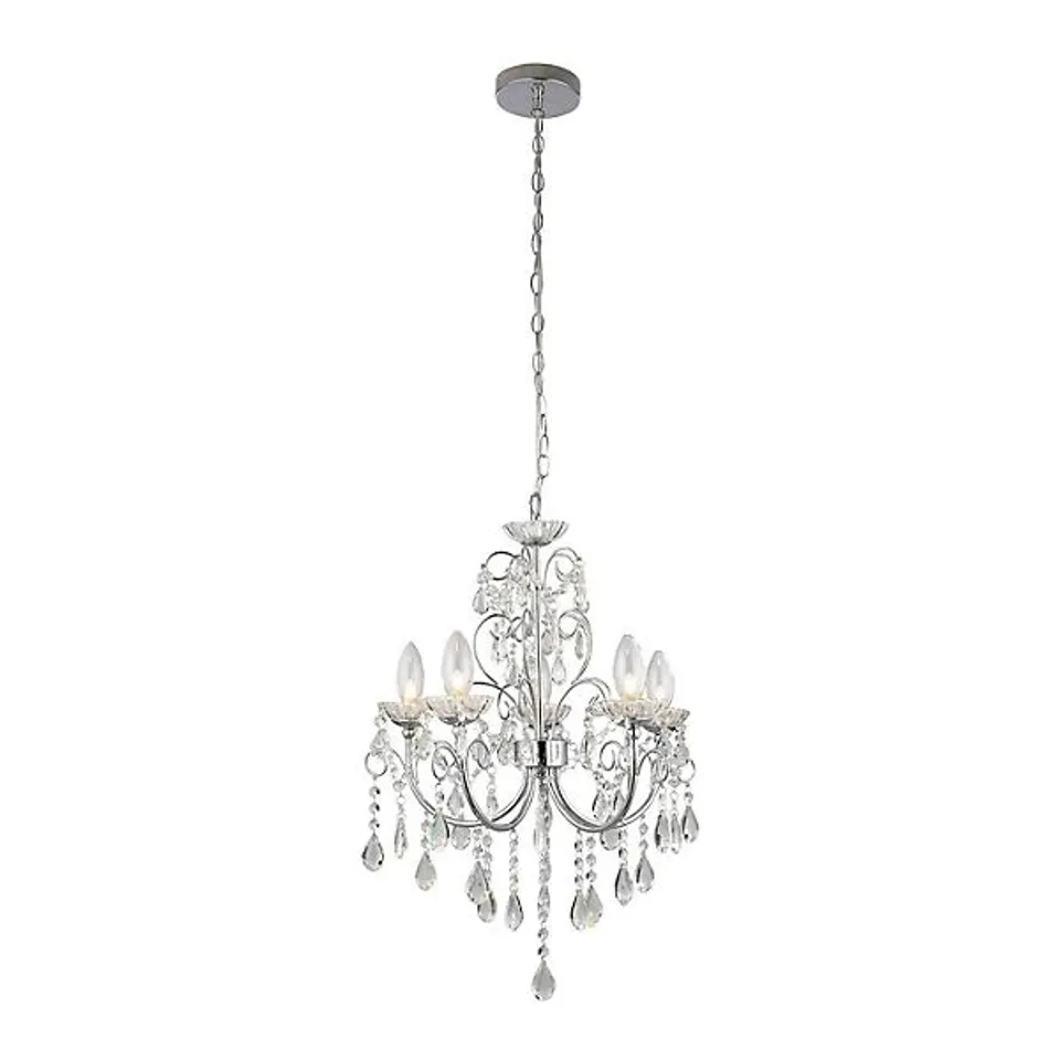 BOXED LUMINOSA TABITHA 5 LIGHT BATHROOM CEILING PENDANT LIGHT CHROME, CLEAR CRYSTAL (K9) GLASS DETAIL IP44, G9