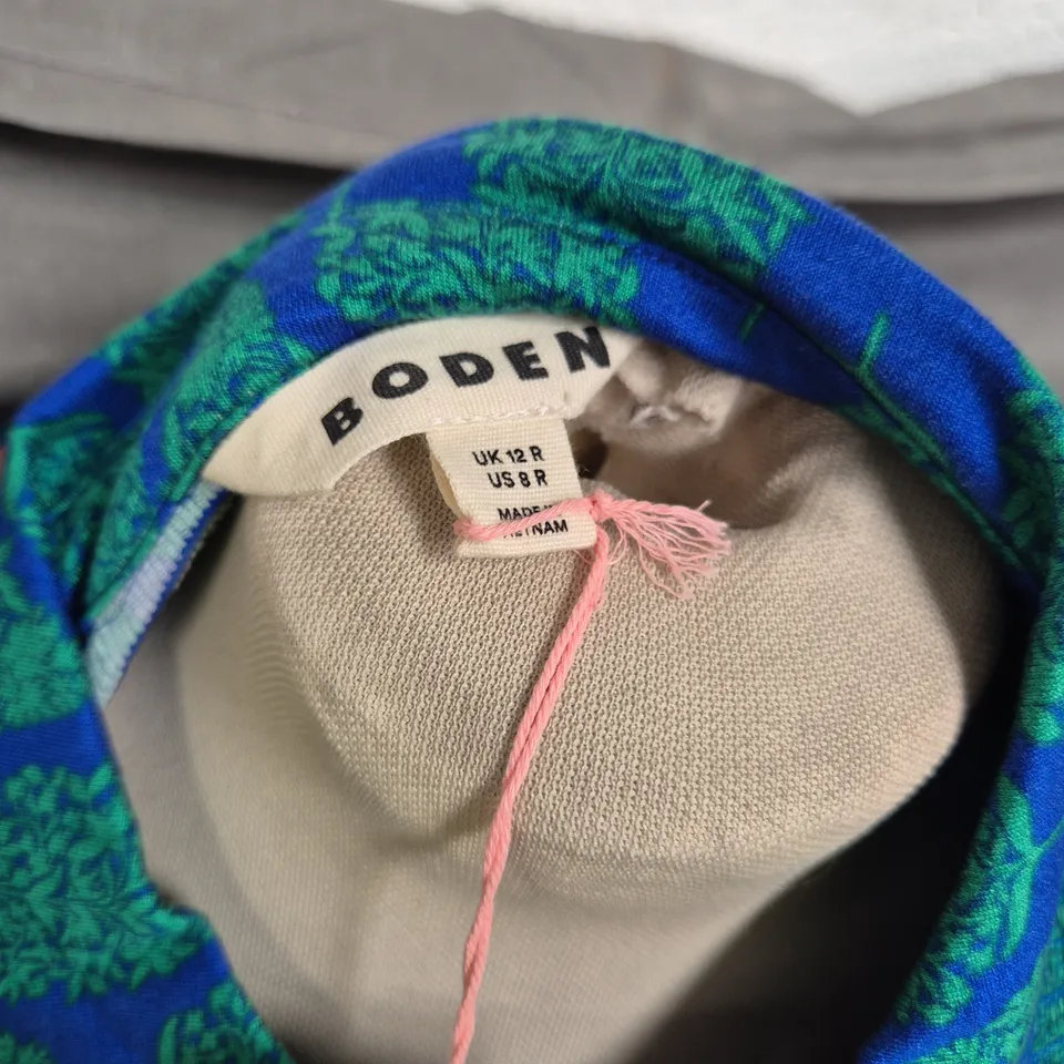 BODEN WOMEN'S BLUE AND GREEN LEAF-PATTERN LONG-SLEEVE MIDI DRESS, UK 12R (US 8R)