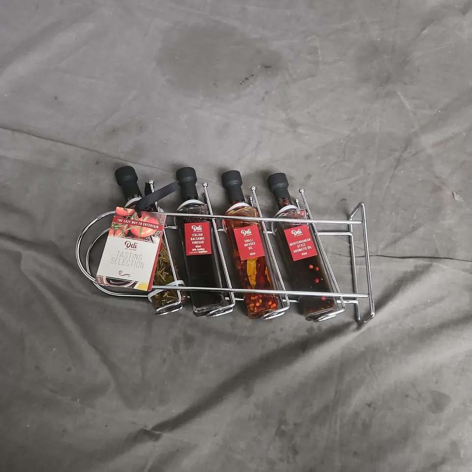Deli at Home Tasting Selection – Olive Oil & Infused Oils, 4 bottles in metal rack (41–45ml each)