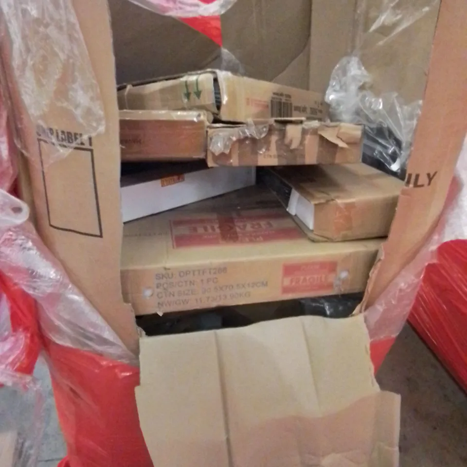 PALLET CONTAINING ASSORTED HOUSEHOLD PRODUCTS. INCLUDES DECOR ITEMS, TOILET SEAT, COAT HANGERS, BABY TOY ETC 