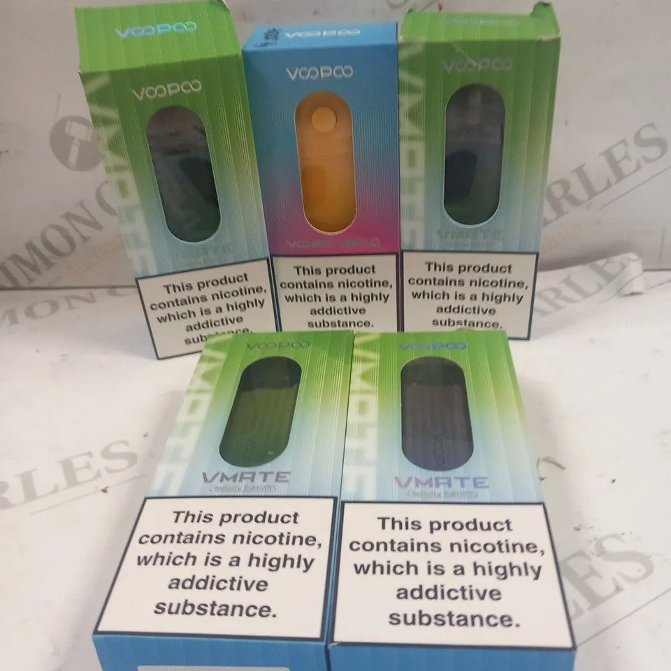 5 ASSORTED VOOPOO VAPING PRODUCTS TO INCLUDE; VMATE INFINITY EDITION AND VINCI Q
