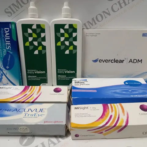 BOX OF APPROX 25 ASSORTED CONTACT LENSES AND CONTACT LENSE SOLUTIONS