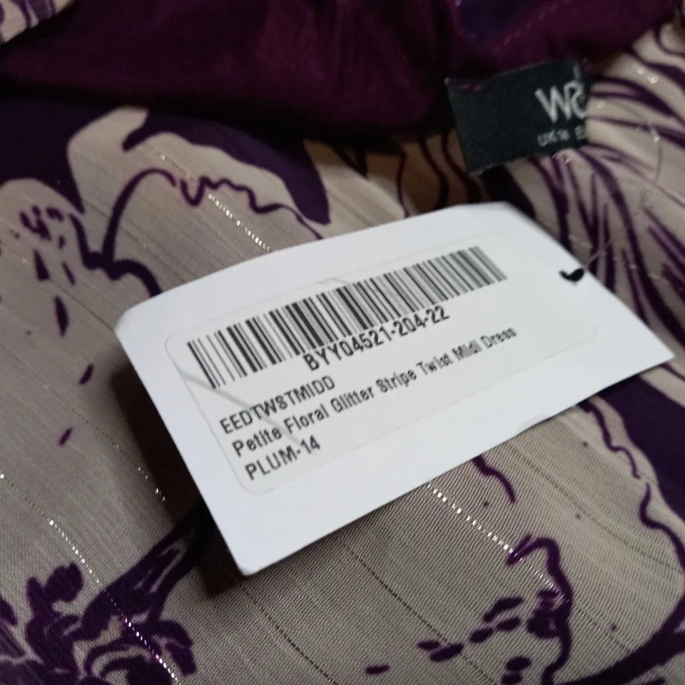 WALLIS PLUM FLORAL GLITTER STRIPE TWIST PETITE MIDI DRESS - SIZE 14
