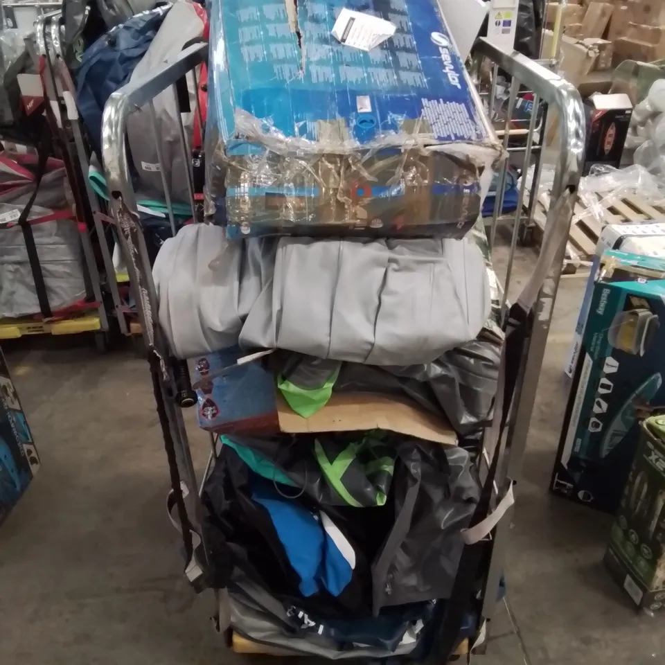CAGE OF UNTESTED ASSORTED INFLATABLE KAYAKS AND ACCESSORIES 