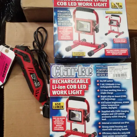 BOX CONTAINING 2 RECHARGEABLE LI-ION COB LED WORK LIGHT & 130W ROTARY TOOL