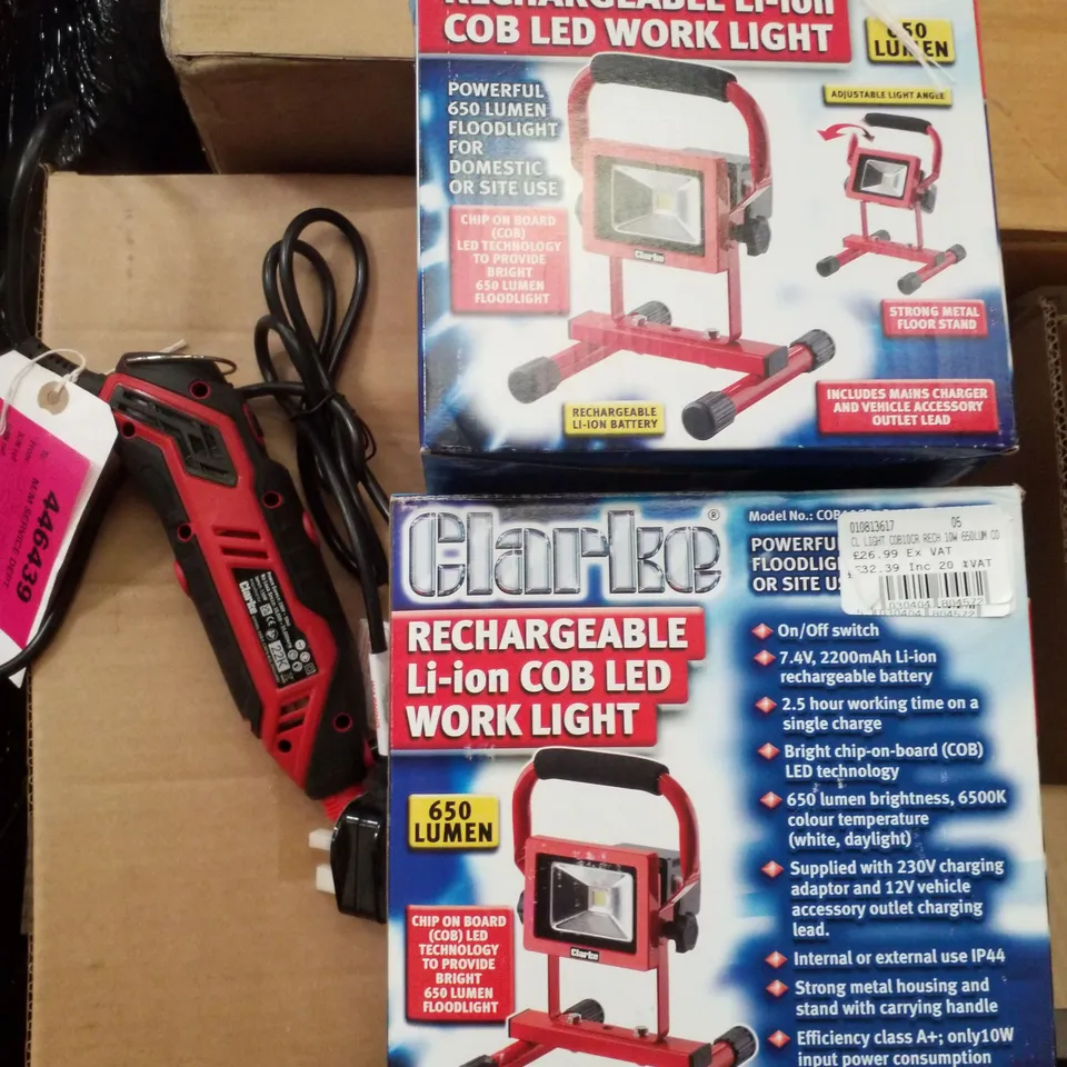 BOX CONTAINING 2 RECHARGEABLE LI-ION COB LED WORK LIGHT & 130W ROTARY TOOL