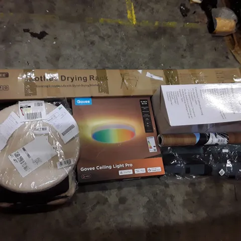 PALLET CONTAINING ASSORTED PRODUCTS INCLUDING CLOTHES DRYING RACK, STORAGE OTTOMAN, GOVEE CEILING LIGHT PRO, ELECTRIC FLOOR HEATING SYSTEM & ADJUSTABLE KNEE IMMOBILIZER