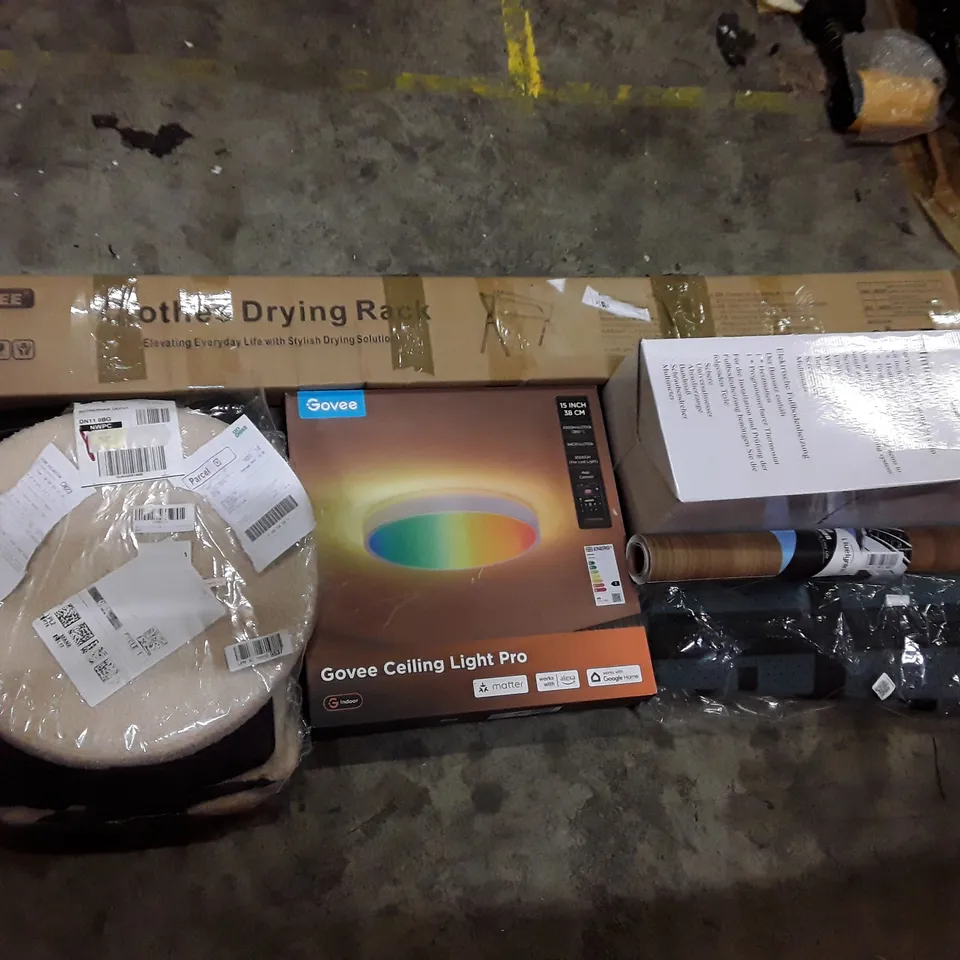 PALLET CONTAINING ASSORTED PRODUCTS INCLUDING CLOTHES DRYING RACK, STORAGE OTTOMAN, GOVEE CEILING LIGHT PRO, ELECTRIC FLOOR HEATING SYSTEM & ADJUSTABLE KNEE IMMOBILIZER