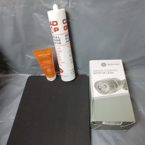BOX OF APPROXIMATELY 20 ASSORTED HOUSEHOLD ITEMS TO INCLUDE DECOY SECURITY CAMERA, TABLET COVER AND GENERAL PURPOSE ADHESIVE