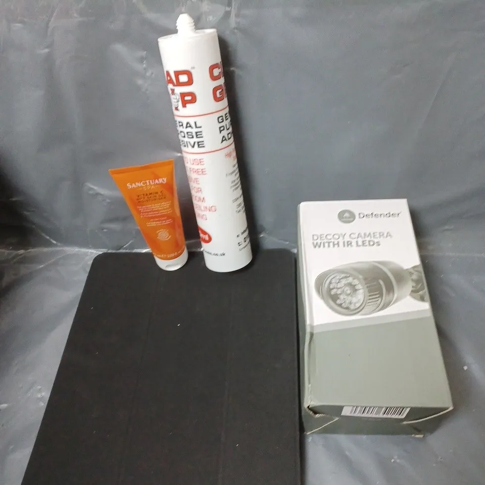 BOX OF APPROXIMATELY 20 ASSORTED HOUSEHOLD ITEMS TO INCLUDE DECOY SECURITY CAMERA, TABLET COVER AND GENERAL PURPOSE ADHESIVE