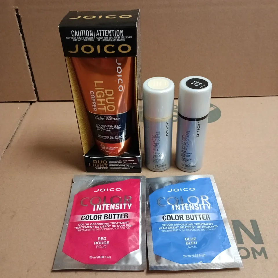 APPROXIMATELY 38 X ASSORTED JOICO HAIR CARE PRODUCTS TO INCLUDE TINT SHOT BLACK, TINT SHOT BLONDE, DUO LIGHT COPPER 1 STEP TONAL CREME LIGHTENER ETC