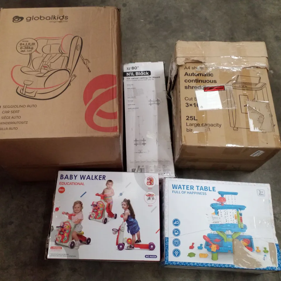 PALLET OF ASSORTED PRODUCTS INCLUDING BABY WALKER, WATER TABLE, SHREDDER, CEILING TV MOUNT, CAR SEAT