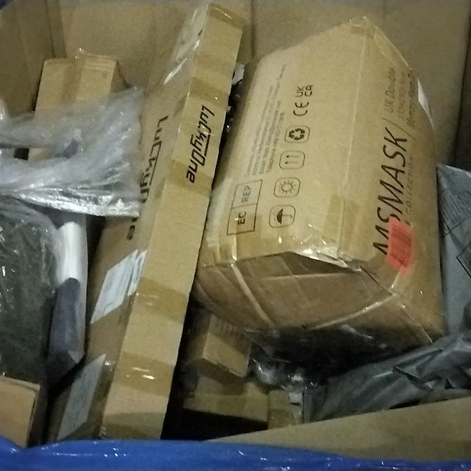 PALLET OF ASSORTED ITEMS INCLUDING FORGING MOUNT DUAL ARM FULL-MOTION TV WALL MOUNT, LANGXUN ROUND METAL BALLOON ARCH KIT, ROCKING CHAIR, MSMASK MEMORY FOAM MATTRESS TOPPER, SEALED AIR MAIL LITE GOLD