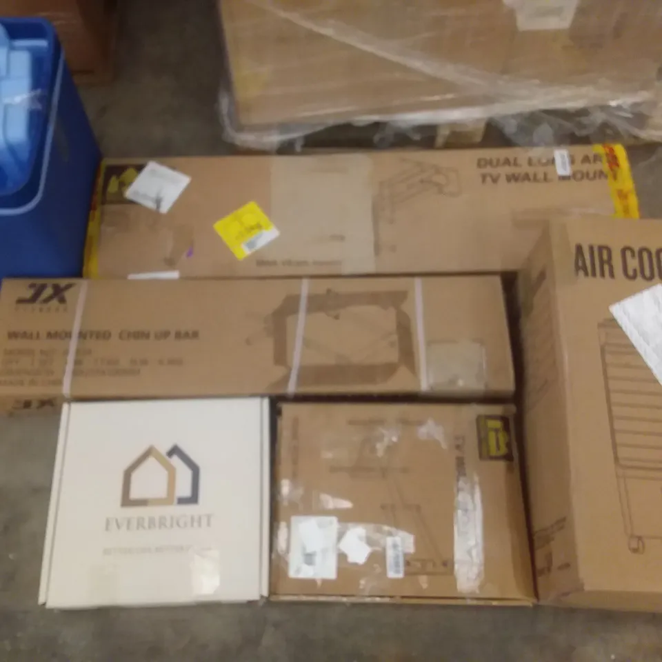 PALLET OF ASSORTED ITEMS INCLUDING AIR COOLER, DUAL LONG ARM TV WALL MOUNT, WALL MOUNTED CHIN UP BAR, FORGING MOUNT TV WALL MOUNT, HOMEBASE ROUND PARASOL BASE, ARTIC MAX 24 LITRE COOL BOX