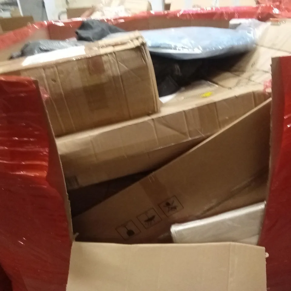 PALLET OF ASSORTED HOUSEHOLD GOODS AND PRODUCTS TO INCLUDE; DESK, BOXED FURNITURE ETC