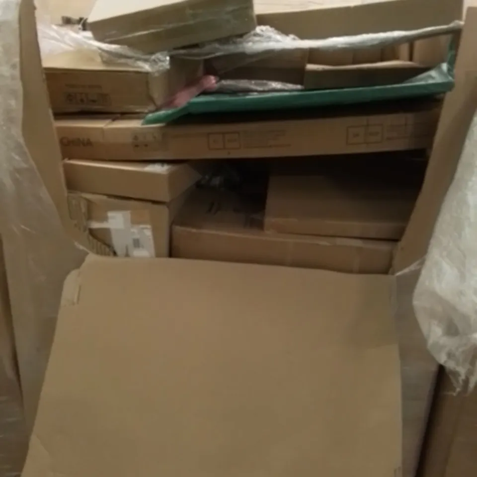 PALLET OF UNPROCESSED ITEMS TO INCLUDE TOILET SEATS, FLOOR COAT RACK, AND KITCHEN FAUCET 