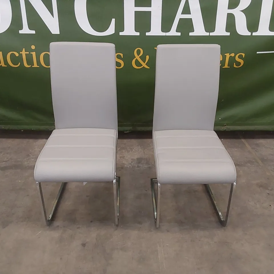 SET OF 2 PERTH LIGHT GREY FAUX LEATHER DINING CHAIRS WITH CHROME LEGS 