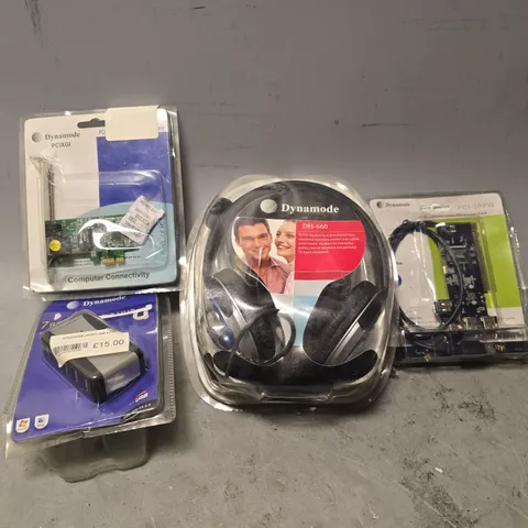 BOX OF APPROXIMATELY 12 ASSORTED ITEMS TO INCLUDE - DYNAMODE DH-600 HEADPHONES , DYNAMODE 3 PORT FIREWIRE PCI ADAPTER CARD ETC