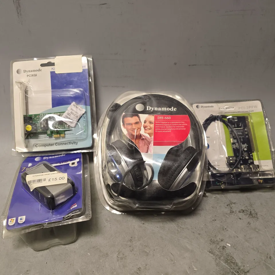 BOX OF APPROXIMATELY 12 ASSORTED ITEMS TO INCLUDE - DYNAMODE DH-600 HEADPHONES , DYNAMODE 3 PORT FIREWIRE PCI ADAPTER CARD ETC