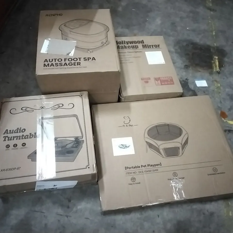 PALLET OF HOUSEHOLD ITEMS TO INCLUDE FOOT SPA MASSAGER, MAKEUP MIRROR, AUDIO TURNTABLE, PORTABLE PET PLAYPEN AND OTHER ASSORTED ITEMS...