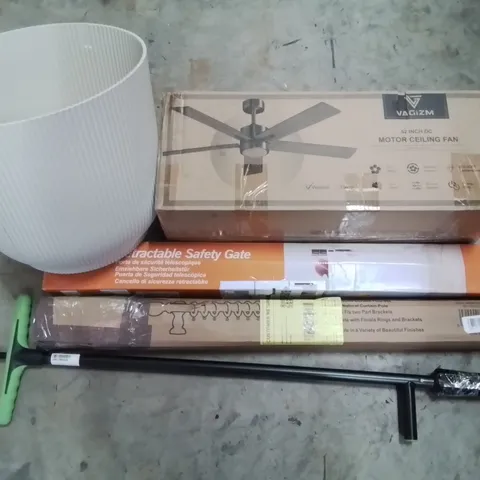 PALLET CONTAINING ASSORTED PRODUCTS INCLUDING MOTOR CEILING FAN, RETRACTABLE SAFETY GATE, WEED PICKER, CURTAIN POLE & PLANT POT