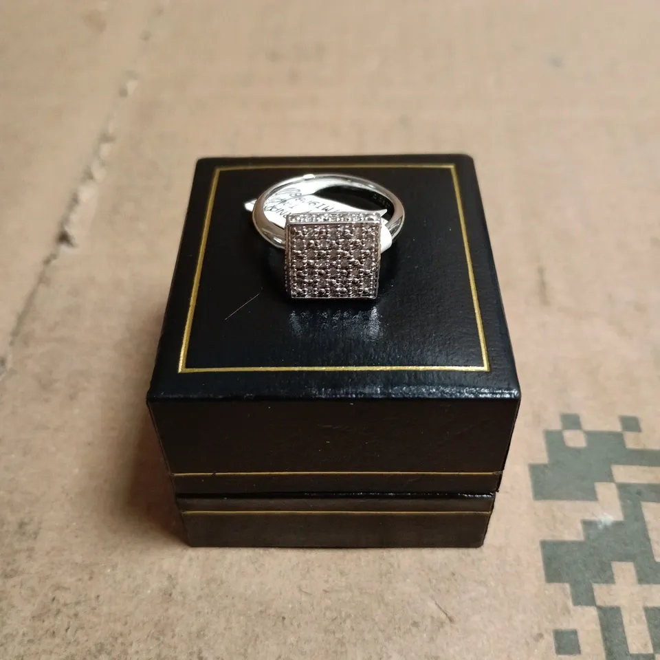SILVER-TONE RING WITH SQUARE PAVÉ-SET TOP, IN PRESENTATION JEWELLERY BOX