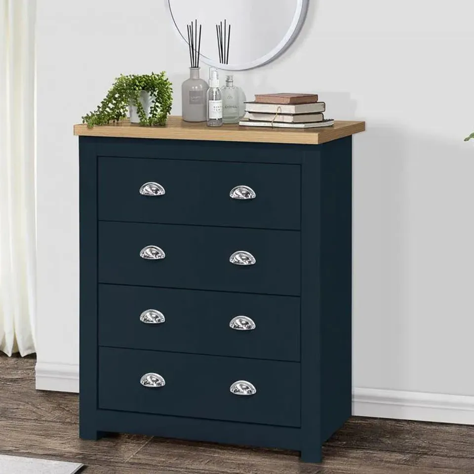 BOXED HIGHGATE 4 DRAWER CHEST OF DRAWERS - NAVY/OAK EFFECT (2 BOXES)
