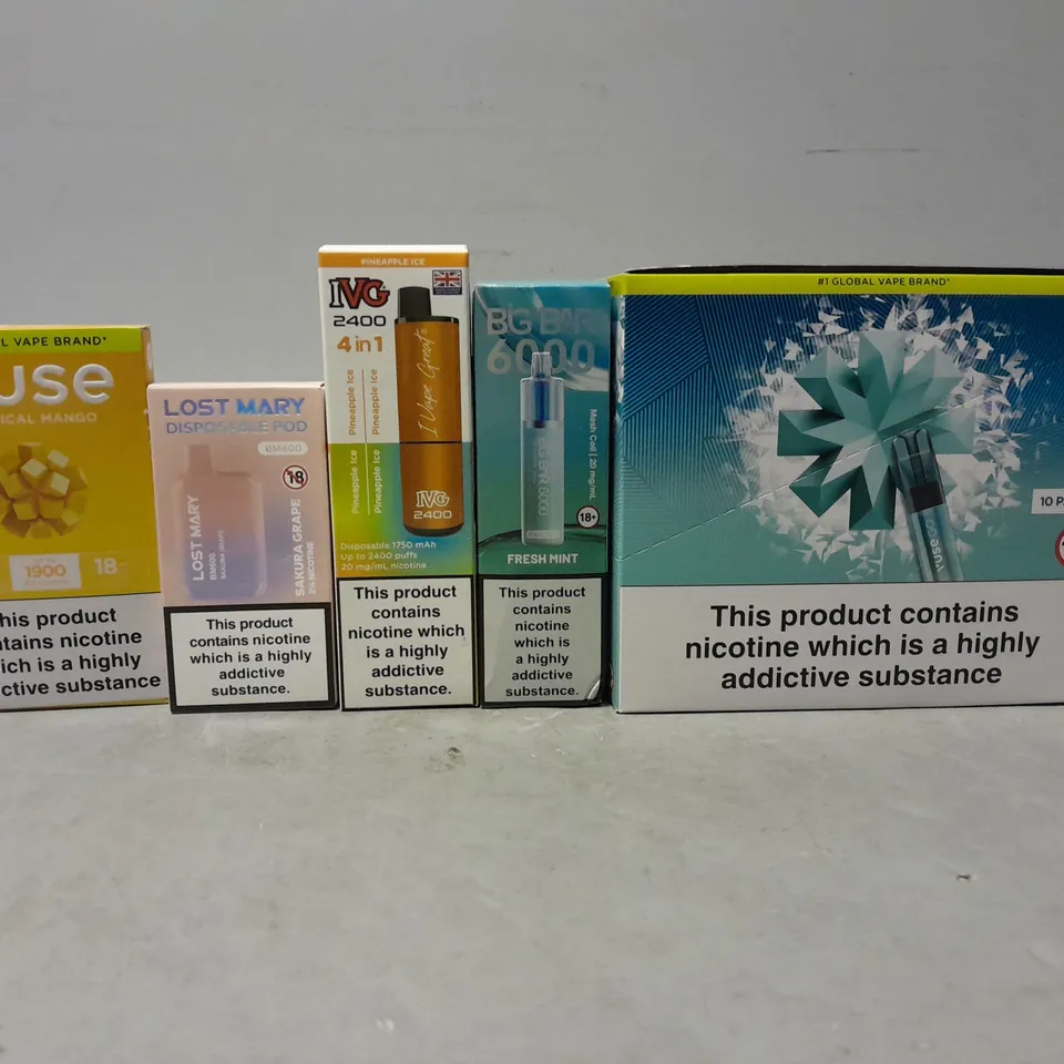 APPROXIMATELY 10 ASSORTED E-CIGARETTE PRODUCTS TO INCLUDE - VUSE , BIG BAR , IVG 2400