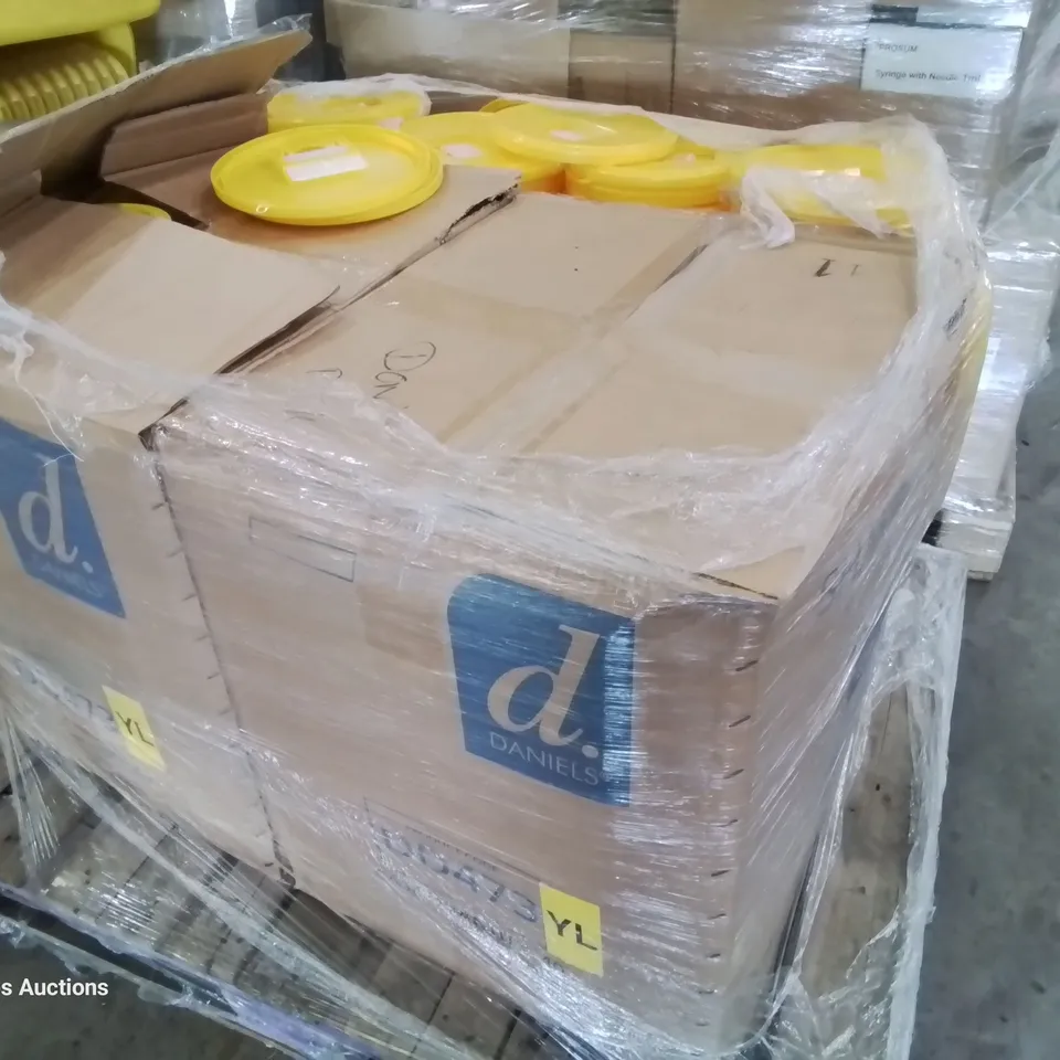 PALLET OF APPROXIMATELY 120 SHARPGUARD YELLOW 7 HAZARDOUS WASTE BINS