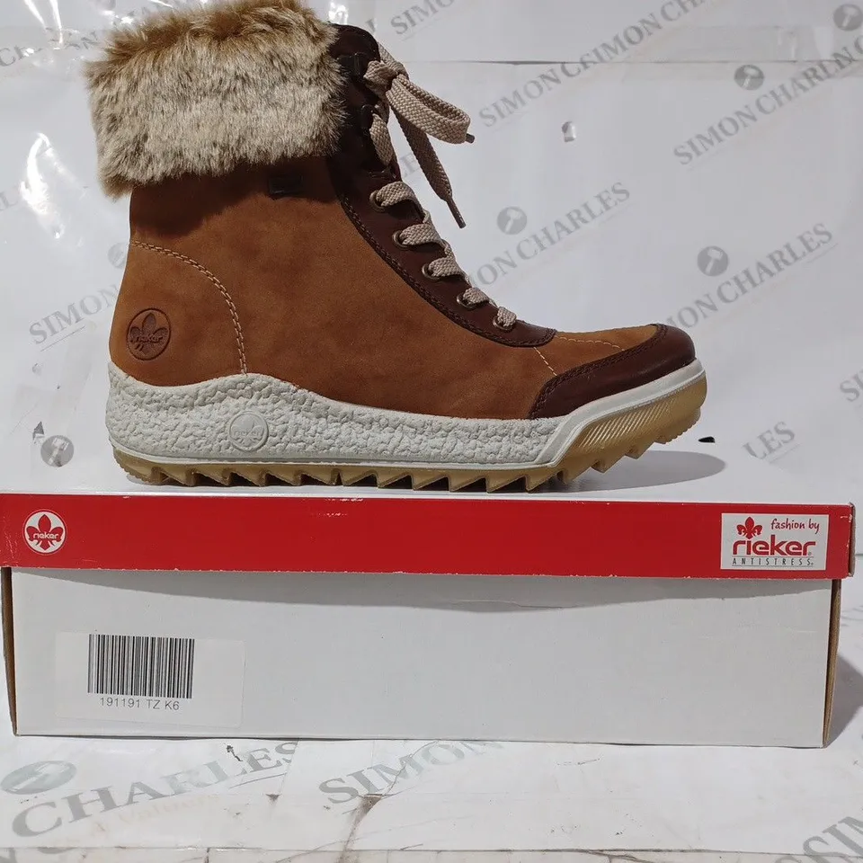 BOXED PAIR OF RIEKER LACE UP TAN HIKER BOOTS - SIZE 6